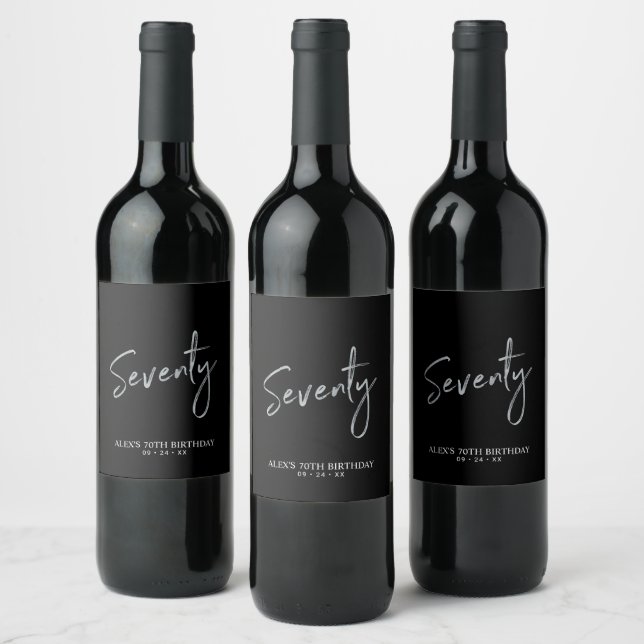 Svart & Silver Seventy Script 70-årsfest Vinflaska Etikett (Flaskor)