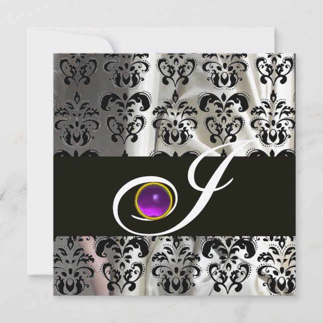 SVART SILVER SILKE DAMAST MONOGRAM LILA AMETYST INBJUDNINGAR (Framsida)