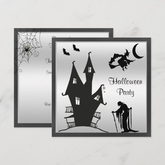 Svart & Silver Siluett Halloweenfest Inbjudningar (Fram/baksida)