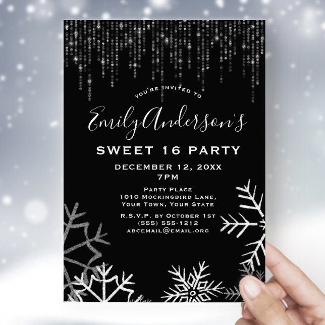 Svart Silver Snö Ice Ljus Winter Sweet 16 Inbjudningar (Skapare uppladdad)