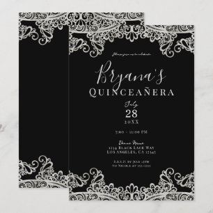 Svart & Silver Spets Elegant Quinceañera-fest Inbjudningar