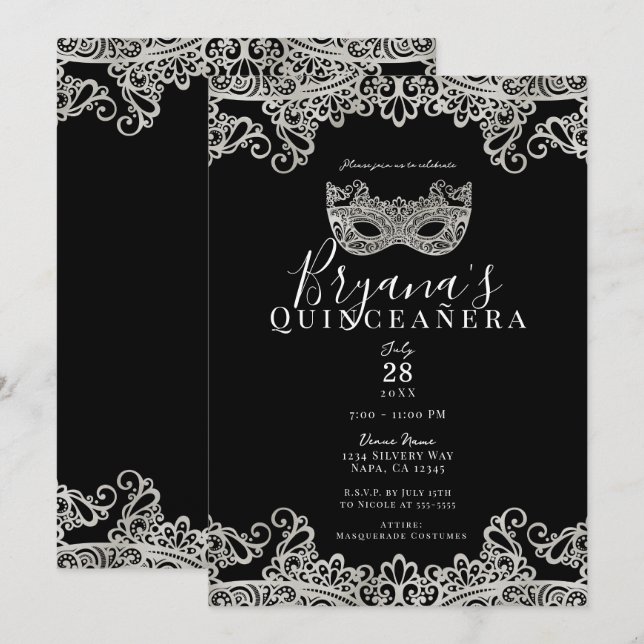 Svart & Silver Spetsmaskerad 15-års Quinceañera Inbjudningar (Fram/baksida)