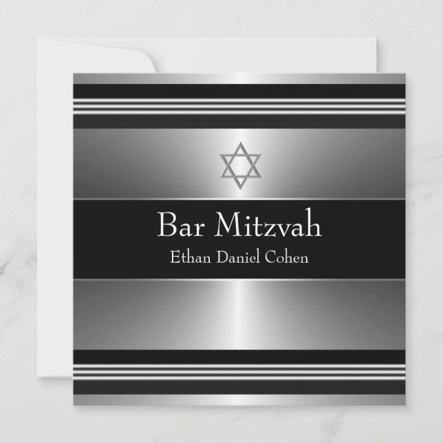 Svart Silver Stjärna av David Bar Mitzvah Inbjudningar (Framsida)