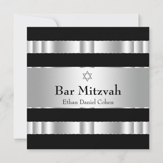 Svart Silver Stjärna av David Bar Mitzvah Inbjudningar (Framsida)