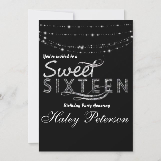 Svart Silver Sweet 16 Glitter Glam Party Inbjudan (Framsida)