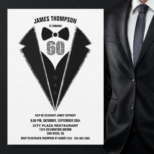 Svart Silver Tuxedo 60:e Födelsedagsfesten Inbjudningar