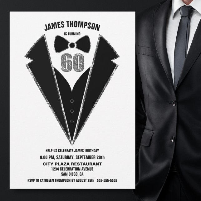 Svart Silver Tuxedo 60:e Födelsedagsfesten Inbjudningar (Skapare uppladdad)