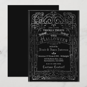 Svart & Silver Vintage Viktoriansk Deco Halloween Inbjudningar