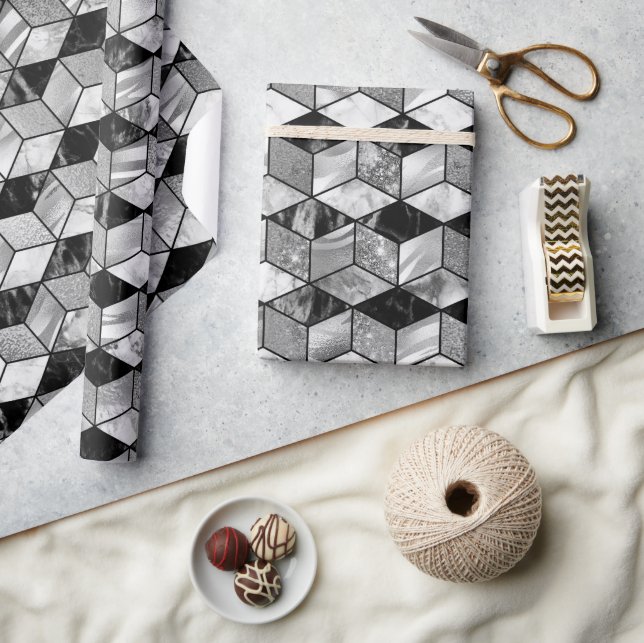 Svart, Silver & Vit Marmor Textur Geometrisk Presentpapper (Hantverk)