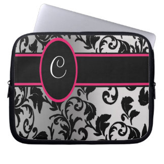 Svart & silverdamast med svart och rosor laptop sleeve