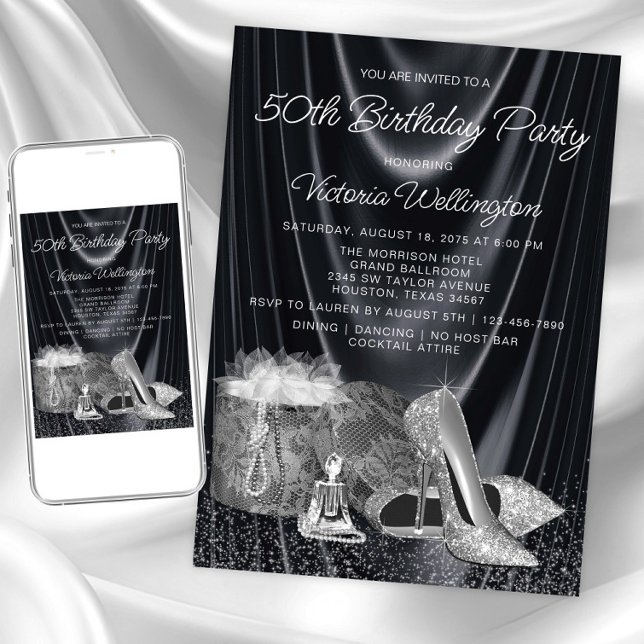 Svart silverdamsko för valfritt födelsedagsfirande inbjudningar (Womans black silver birthday invitation. Instant download and printed invitations available.)