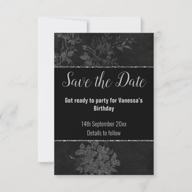 SVART SILVERGLITTER  BLOMMÖNSTER SAVE THE DATE OSA KORT (Framsida)