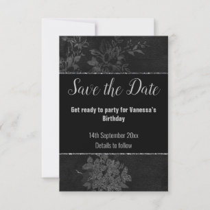SVART SILVERGLITTER  BLOMMÖNSTER SAVE THE DATE OSA KORT