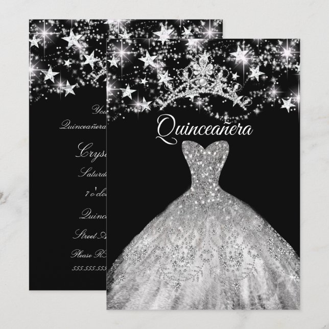 Svart Silverklänning Glitter Tiara Stjärnor Quince Inbjudningar (Fram/baksida)