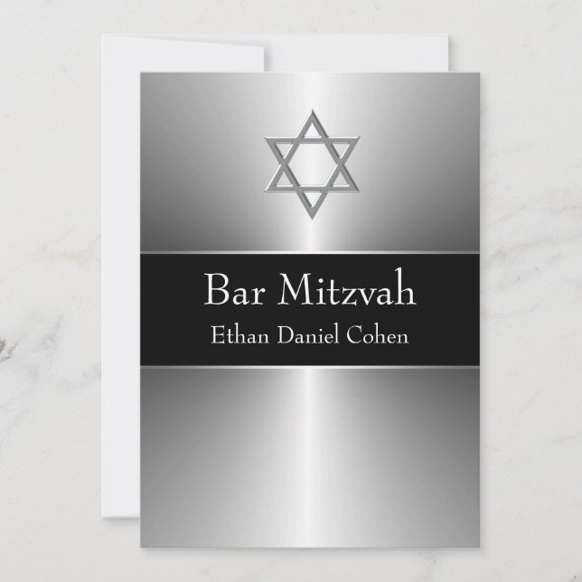 Svart Silverstjärna David Bar Mitzvah Inbjudningar (Framsida)