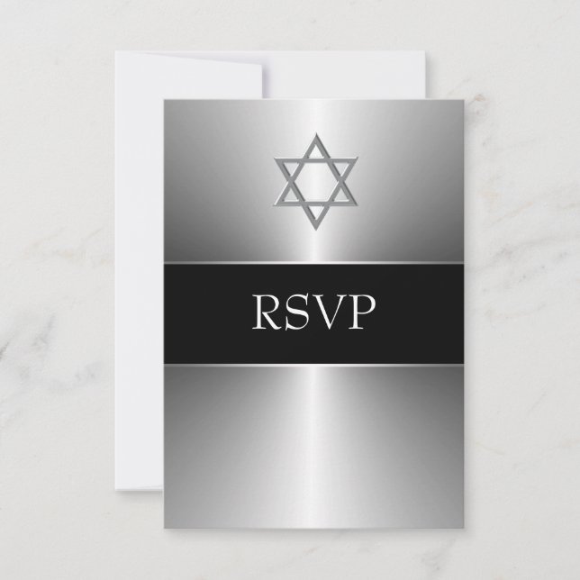 Svart Silverstjärna David Bar Mitzvah RSVP OSA Kort (Framsida)