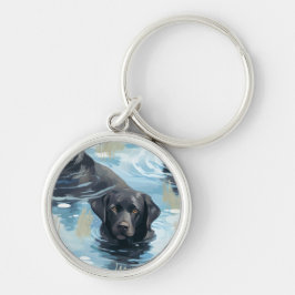 Svart simmuster för Labrador Retriever Rund Silverfärgad Nyckelring