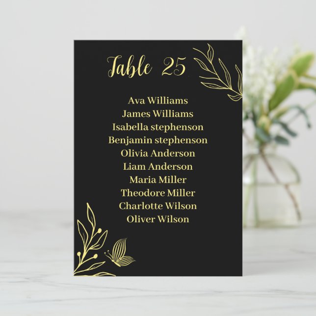 Svart sittplatskort för guld-blommor inbjudningar (Stående Fram)