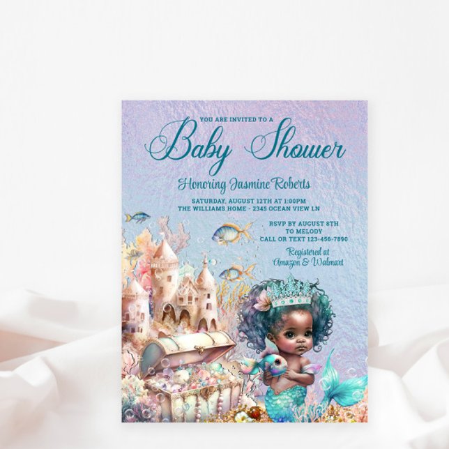 Svart sjöjungfru baby shower inbjudan (Cute mermaid baby shower postcard.)