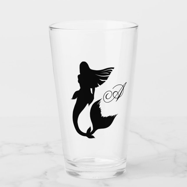 Svart Sjöjungfru Silhouette och Monogram Script Glaskopp (Framsida)