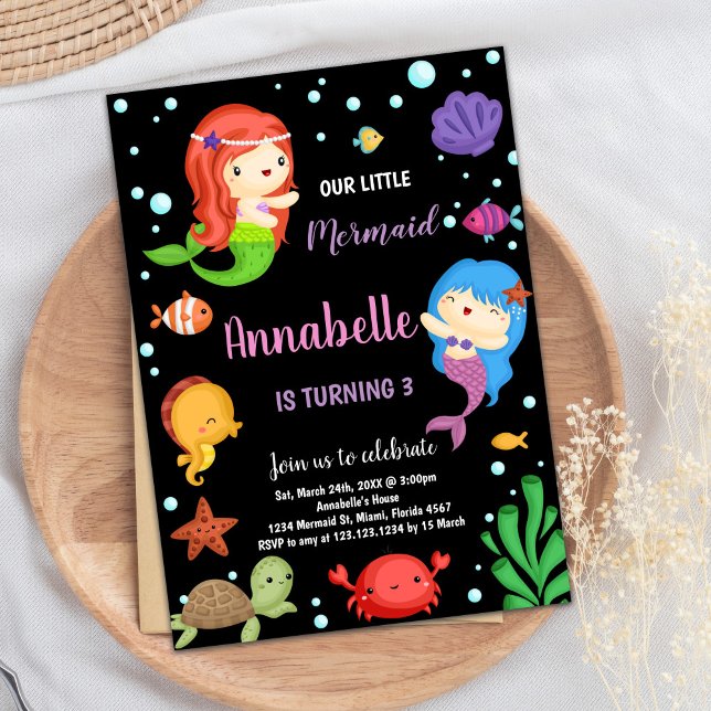 Svart Sjöjungfruar - födelsedag Inbjudningar (3rd Black Mermaids Birthday Invitations)