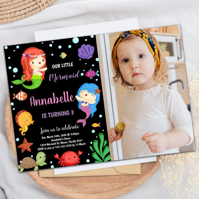 Svart Sjöjungfruar - födelsedag med foto Inbjudningar (3rd Black Mermaids Birthday Invitations With photo)