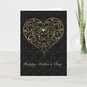 Svart skaka och Guld Blommigt Heart-Mors dag Kort