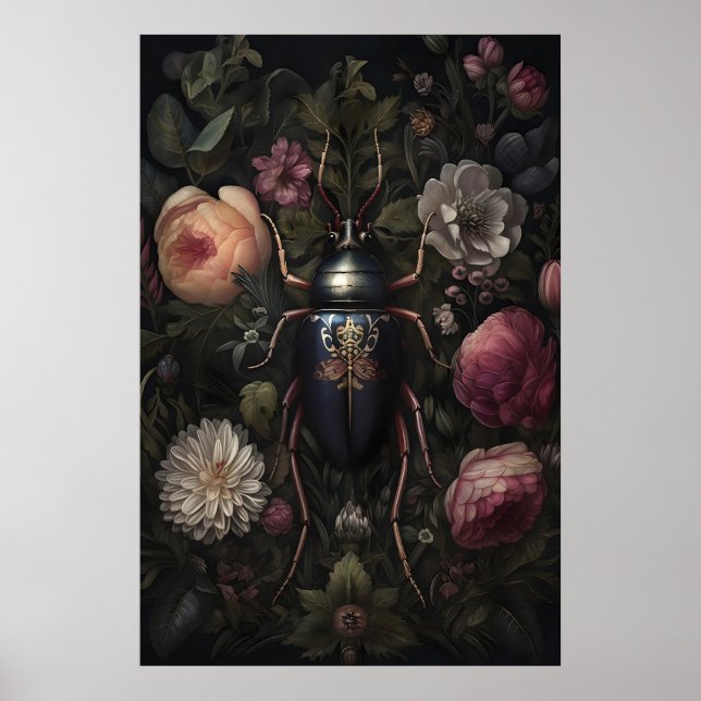 Svart skalbagge i mörk blomsterträdgård, melankoli poster (Framsidan)