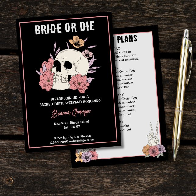 Svart skallbachelorette helg inbjudningar (Bride or die black skull skeleton bachelorette party weekend itinerary invitation template)