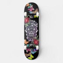 SVART SKATEBOARD SKULL FLOWERS AND BUTTERFLIES