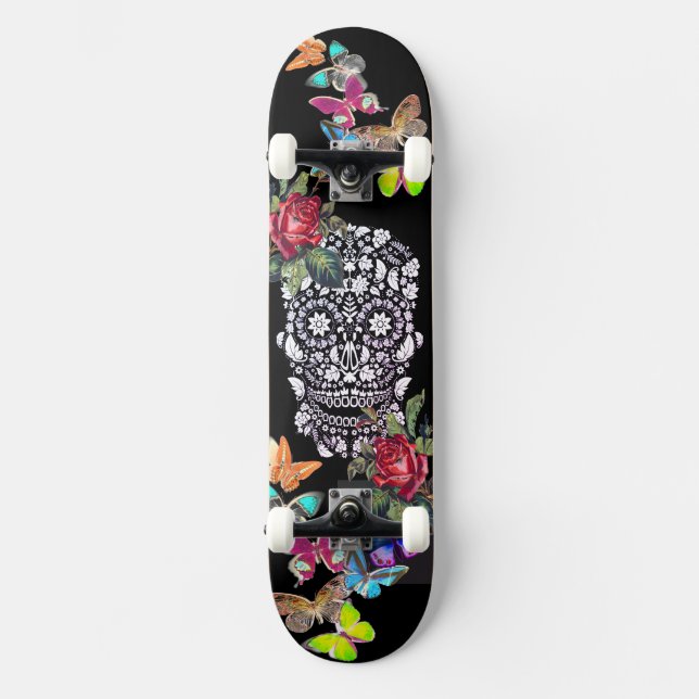 SVART SKATEBOARD SKULL FLOWERS AND BUTTERFLIES (Framsida)