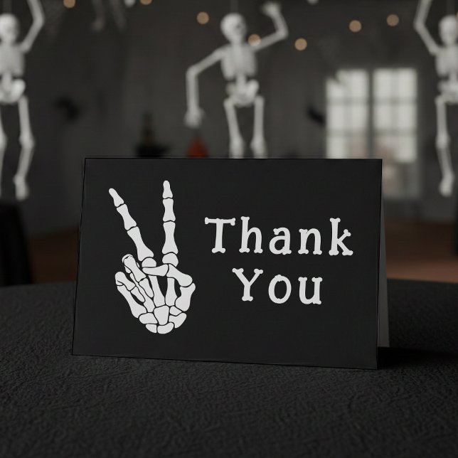 Svart Skelett Hand Fredstecken Tack Kort (Skeleton Hand Peace Sign Black Thank You Card
)