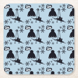 Svart skidutrustning och snöflingor på blå skidutr underlägg papper kvadrat