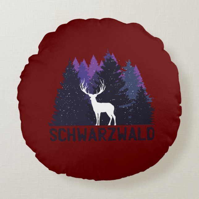Svart Skog Hjort Rund Kudde (Framsidan)