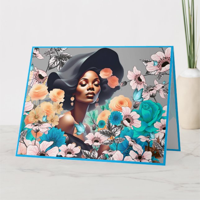 SVART SKÖNHET KVINNA GRÅTONER BLOMMOR FJÄRILAR KORT (Framsida)