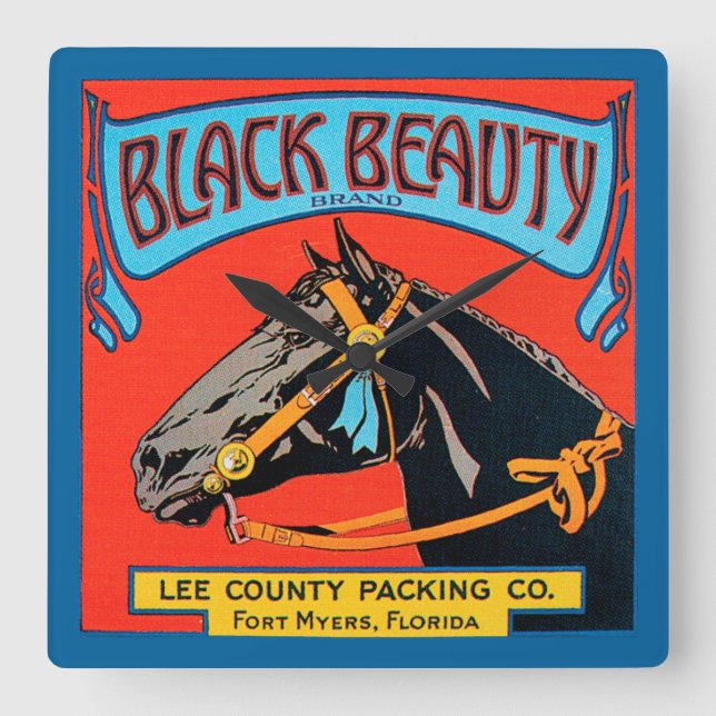 Svart skönhetshäst på röd bakgrund fyrkantig klocka (Framsida)