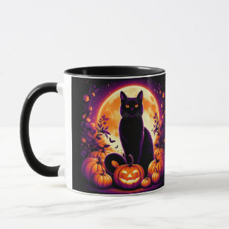 Svart skräddarsydd katt med fullmåne Halloween-mug Mugg