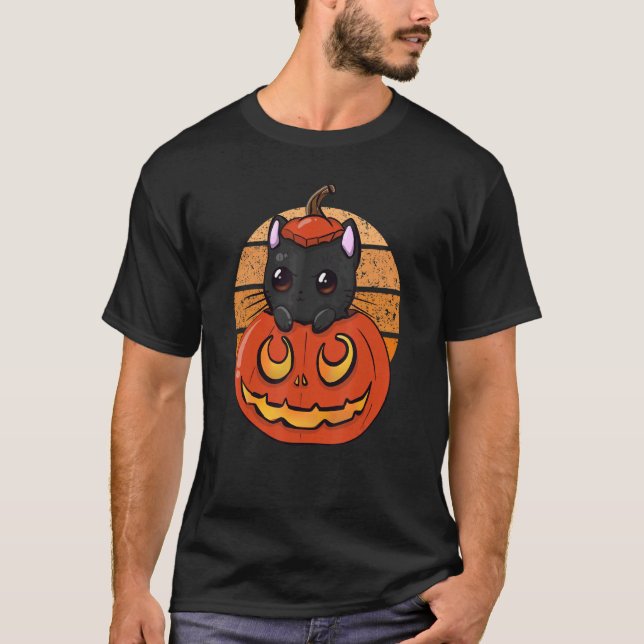 Svart skrämmande katt pumpa Jack O Lantern Hallowe T Shirt (Framsida)