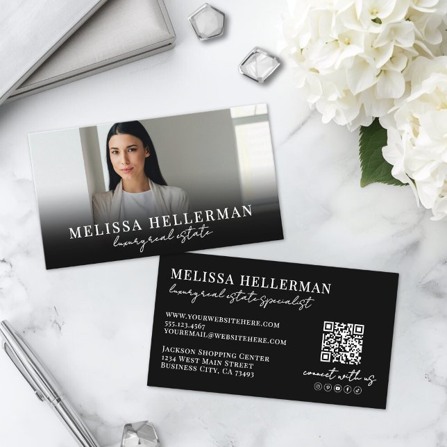 Svart Skrift Lyxfastigheter Visitkort (Black Script Luxury Real Estate Business Card )