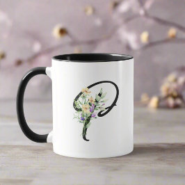 Svart skript Brev "P" Watercolor Flowers Mugg