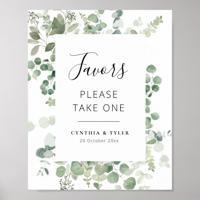 Svart skript, eucalyptus bröllopsfavörer poster (Framsidan)