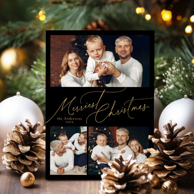 Svart Skript Gladast Jul Familj 3 Foto Julkort (Black Script Merriest Christmas Family 3 Photo Holiday Card)