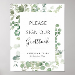 svart skript grönska eukalyptus bröllopsgästbok poster