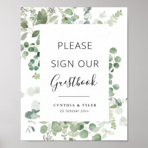 svart skript grönska eukalyptus bröllopsgästbok poster