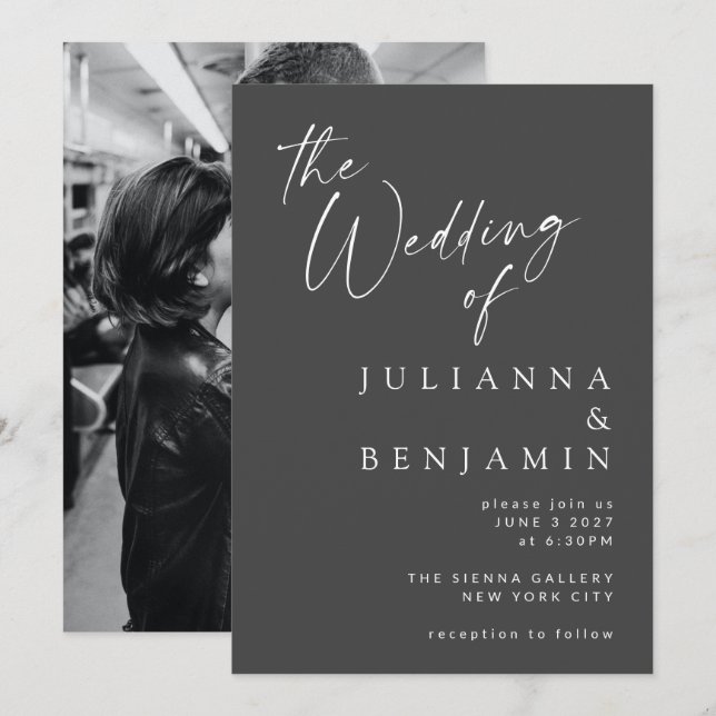 Svart skript med minimal Elegant, foto Bröllop Inbjudningar (Fram/baksida)