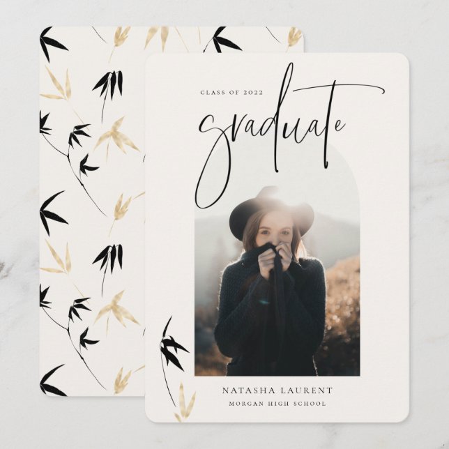 Svart skript med Studenten-bågfoto Porträtt Meddelande (Fram/baksida)