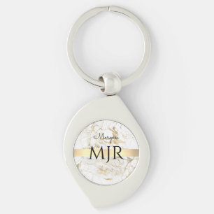 Svart skript Namn Lg Monogram, vit och Guld Marble Swirl Silverfärgad Nyckelring
