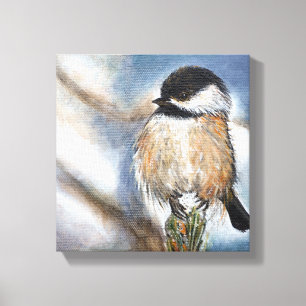 Svart, skyddat Chickadee-fåglar på vinter Canvastryck