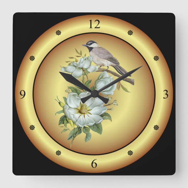 Svart, skyddat chickadee ~ White Magnolia Flower ~ Fyrkantig Klocka (Framsida)
