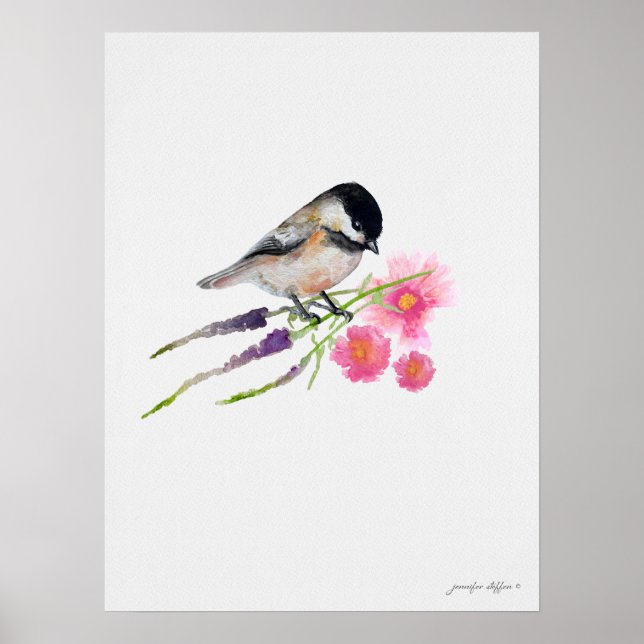 Svart, skyddat, sötat, Chickadee Watercolor Artwor Poster (Framsidan)